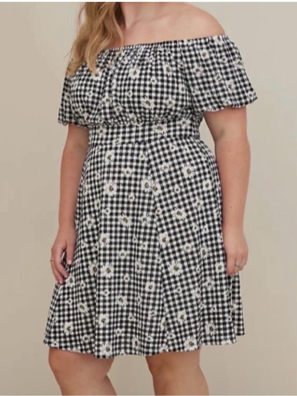 Torrid Black White Gingham Off the Shoulder Mini Dress Daisy Floral XL 0